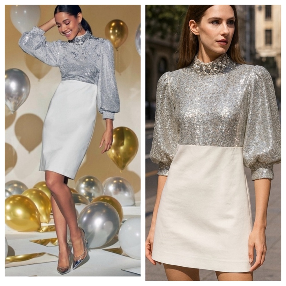 NWT! BOSTON PROPER Silver & White Sequined Sheath Cocktail Dress